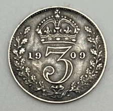 1909 Great Britain 3 Pence Silver .925 KM#797 Edward VII Sharp Detail Royal Mint