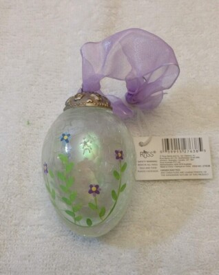 Russ Berrie Vintage Hand Painted Clear Crackle Glass Ornament in Shape of an Egg