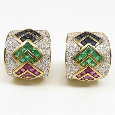 NYJEWEL 18k Gold 6ctw Natural Sapphire Ruby Emerald Diamond Omega Back Earrings - Image 1 of 4