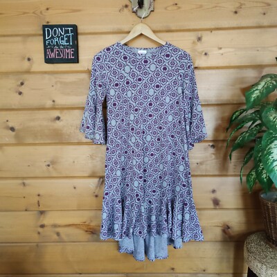 LuLaRoe Maurine Ruffle Swing Dress Floral Geo Purple Gray Bell - Main Image