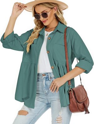 Plus Size Corduroy Jacket for Women Casual Long Sleeve Button Down Shacket  Green