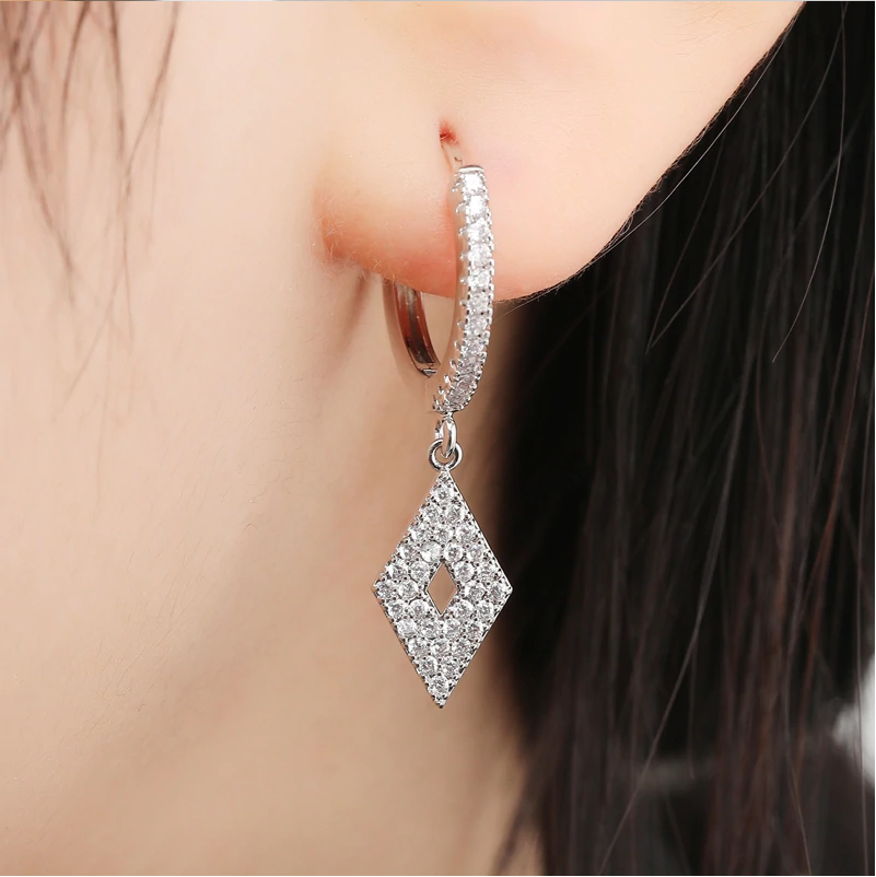 Huggie hoop earrings with rhombus CZ drops in gold or silver geometric pendant charms-image