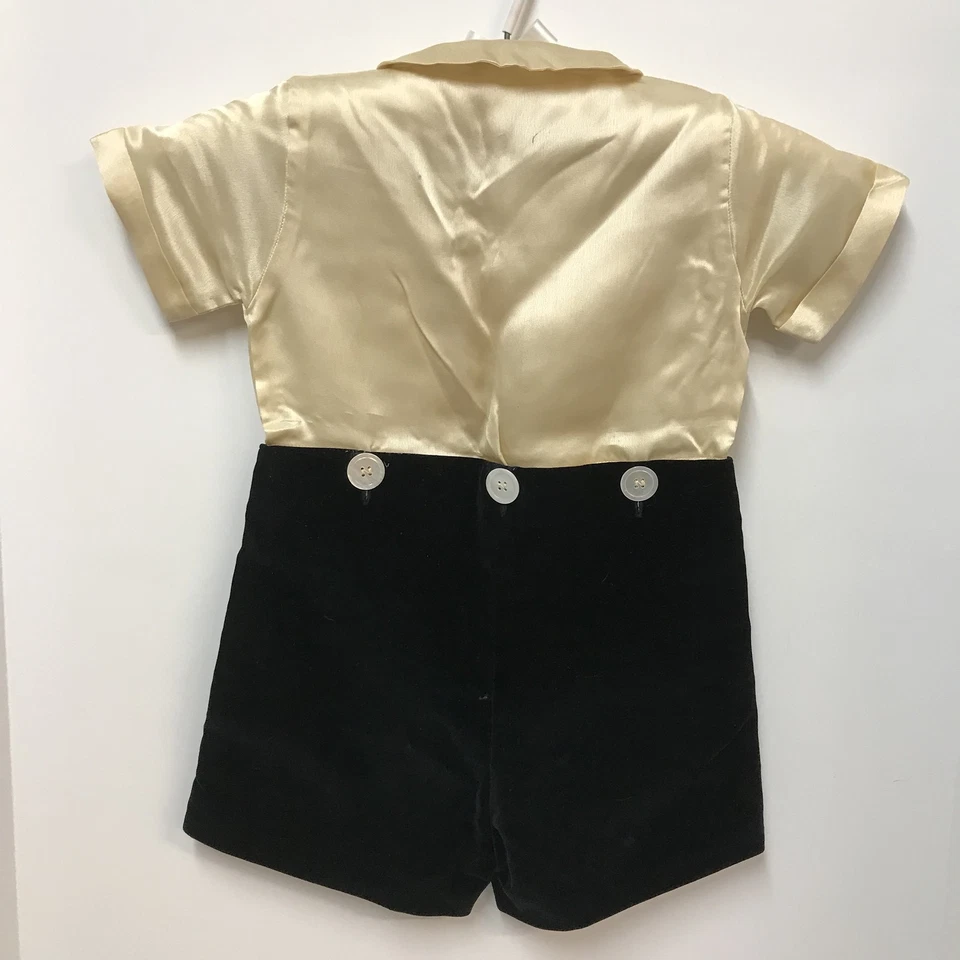 Traje Bobby Vintage Niños Beige Seda Camisa Negro Terciopelo Pantalones Cortos Cintura Botones Talla 4 Foto 2 de 4