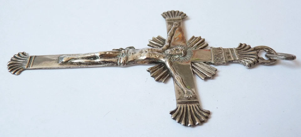 Tres Grande croix pendentif ARGENT bijou ancien 19e Silver  antic cross 12 cm - Photo 2/4