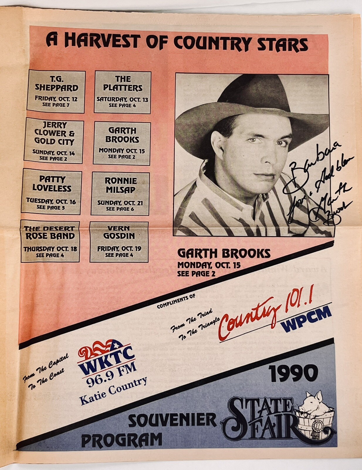 Vintage Rare 1990 Garth Brooks Autographed State Fair Souvenir Program 1990