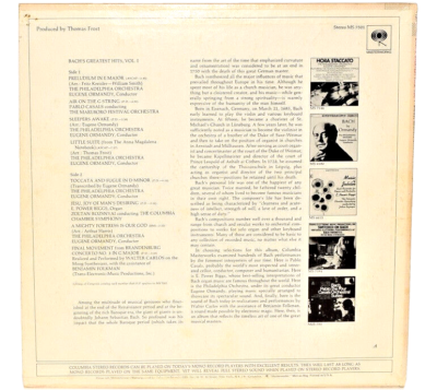 Bach's Greatest Hits Vol. 1 - 1969 Columbia Masterworks MS 7501