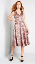 Modcloth That's My Gala Fit And Flare Pink Dots Dress 12 Metallic Party Holiday