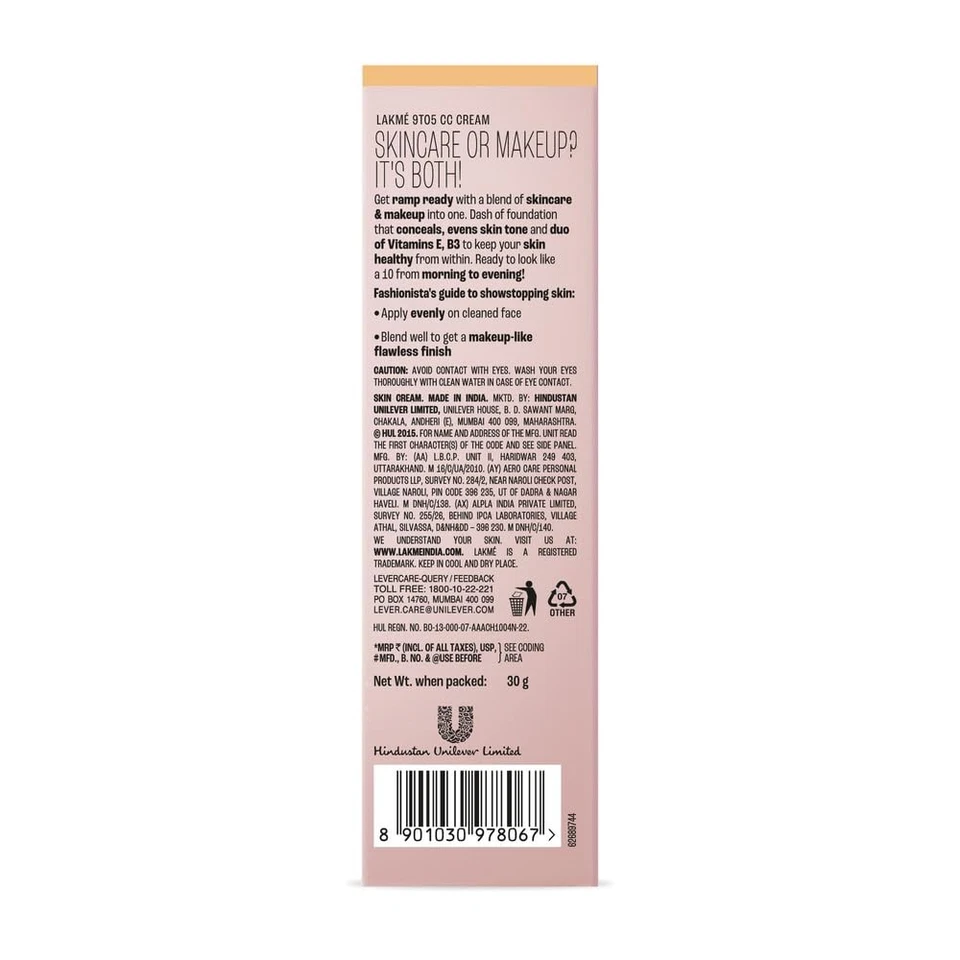 Lakme 9 To 5 Complexion Care Face CC Cream, Bronze, SPF 30, Conceals Dark Spots  - Image 3 of 4