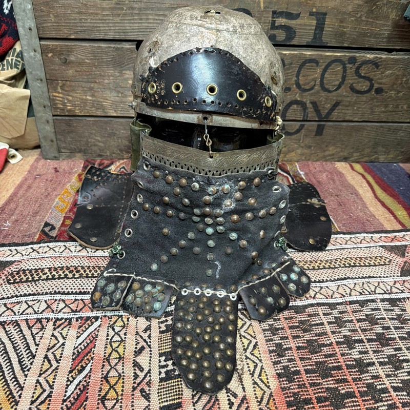 Hand Made medieval Armor Helmet Metal Leather Studs LARP Reenactment
