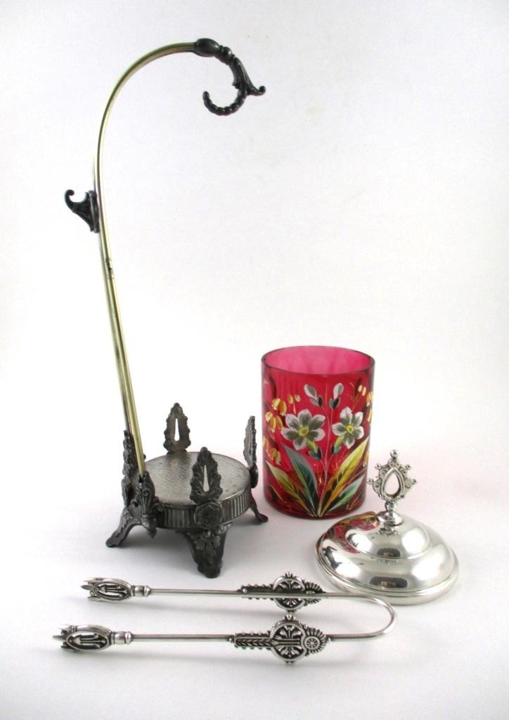 James W. TUFTS #3614 - Antique PICKLE CASTOR w/HOOK - hp CRANBERRY Enamel JAR