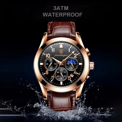 POEDAGAR Herren Armbanduhr Chronograph Quarz Wasserdicht Leder Datum NEU