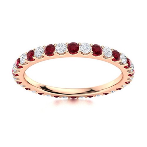 Full Eternity 2MM Round White Topaz & Ruby 925 Sterling Silver Rose Plated Ring