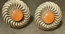 Silver Tone Swirl Round Stud Earrings Bezel Set Orange Cabochon Clip-On