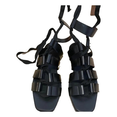 Jil Sander Women s Black Leather Strappy Tie Ankle Strap Flat Sandals EU 39