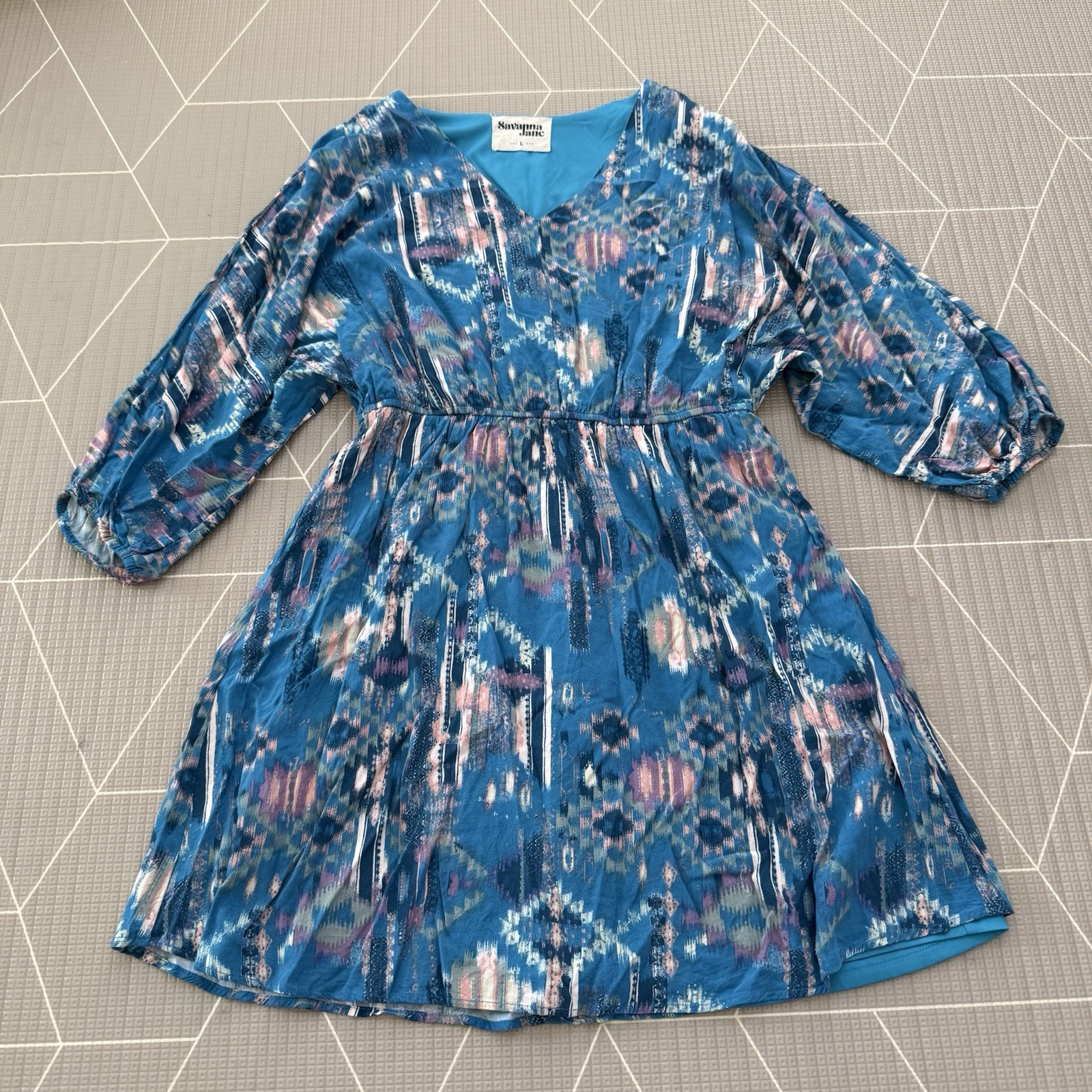 Savannah Jane Tunic Dress Size Large Blue Aztec P… - image 1