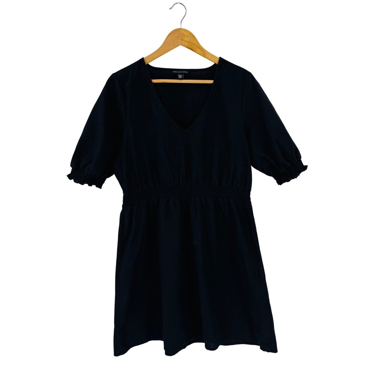 Saks Fifth Avenue Black V Neck Smocked Waist Puff Sleeve Dress Linen Cotton XL Saks Fifth Avenue Black V Neck Smocked Waist Puff Sleeve Dress Linen Cotton XL