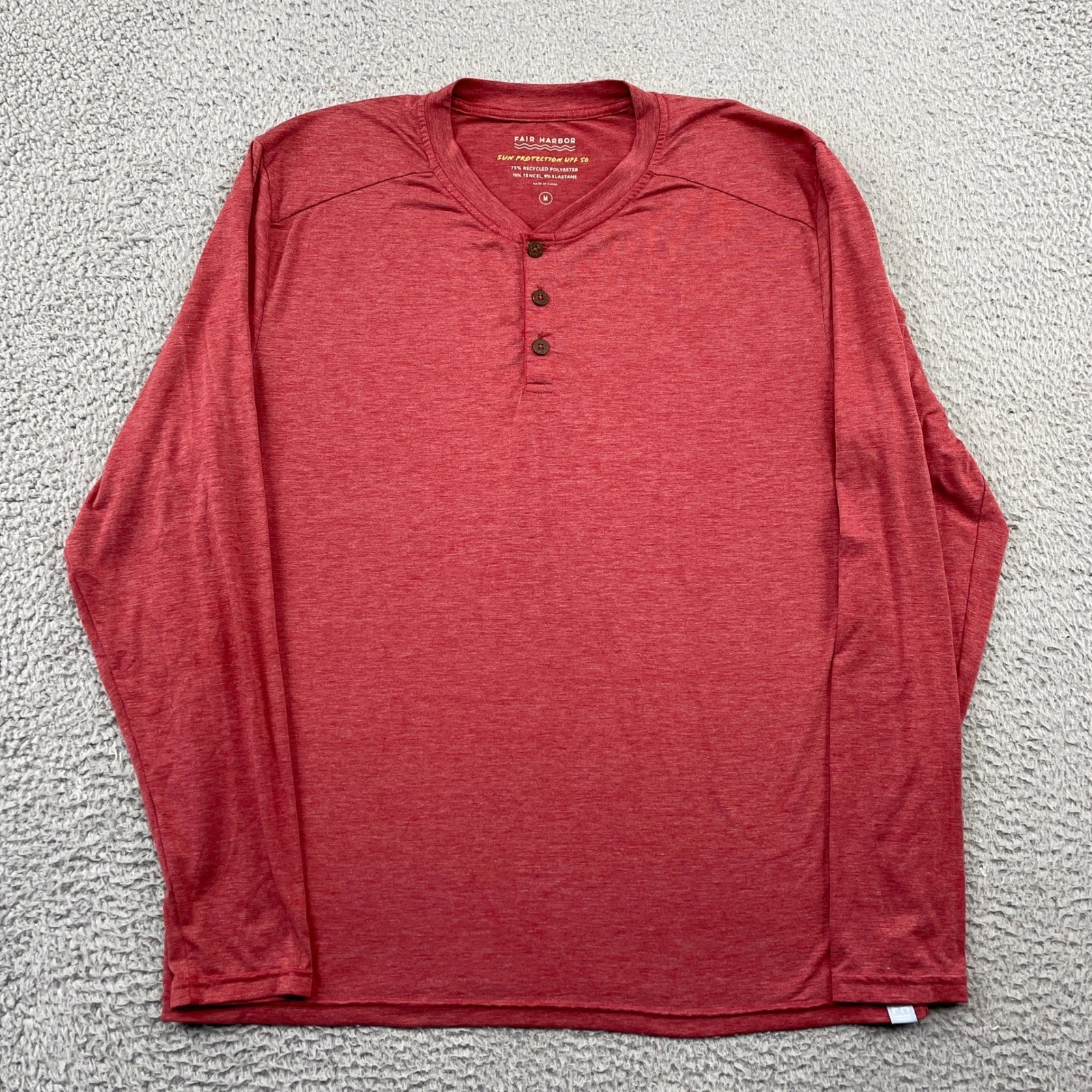 Fair Harbor Henley Mens Medium Red Sun Protection UPF 50 Long Sleeve Stretch