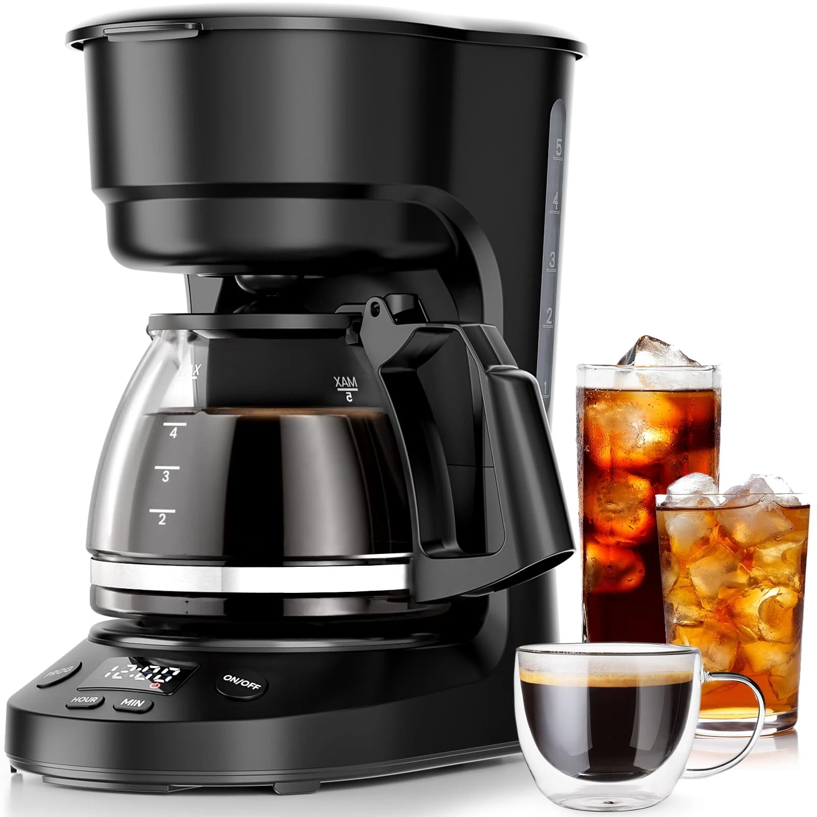 Kismile 5-Cup Drip Coffee Machine LED Display Small Coffee Maker Anti-Drip Timer