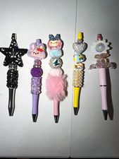 Handmade Set of 5 Kawaii Novelty Beaded Pens w/ Charms Pom-Pom, Stars