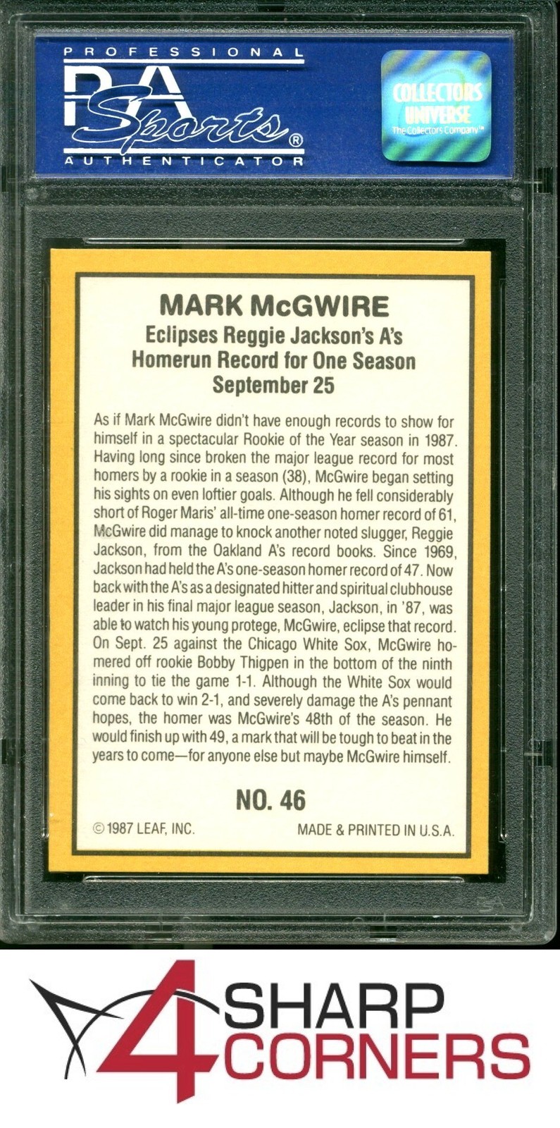 1987 DONRUSS HIGHLIGHTS #46 MARK McGWIRE ATHLETICS PSA 10 view 2
