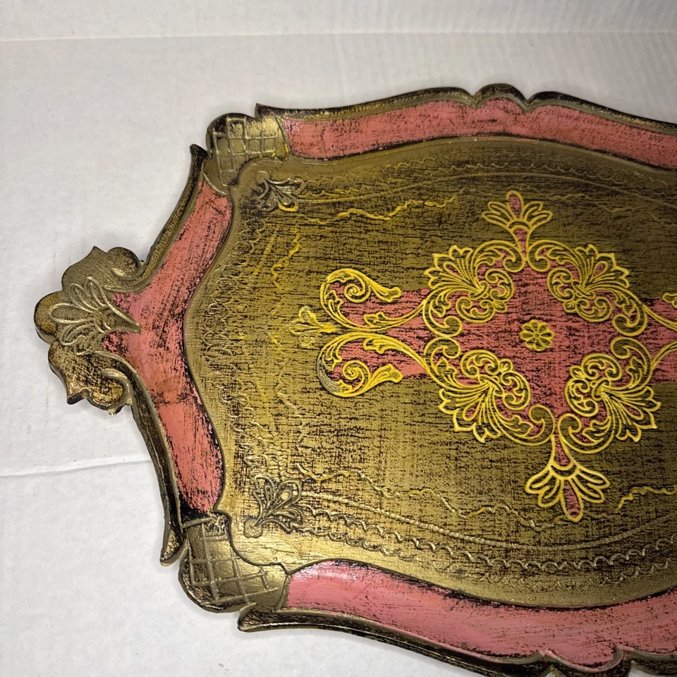 Bandeja de madera vintage tradicional florentina Italia pintada a mano de oro rosa rosa Foto 4 de 4