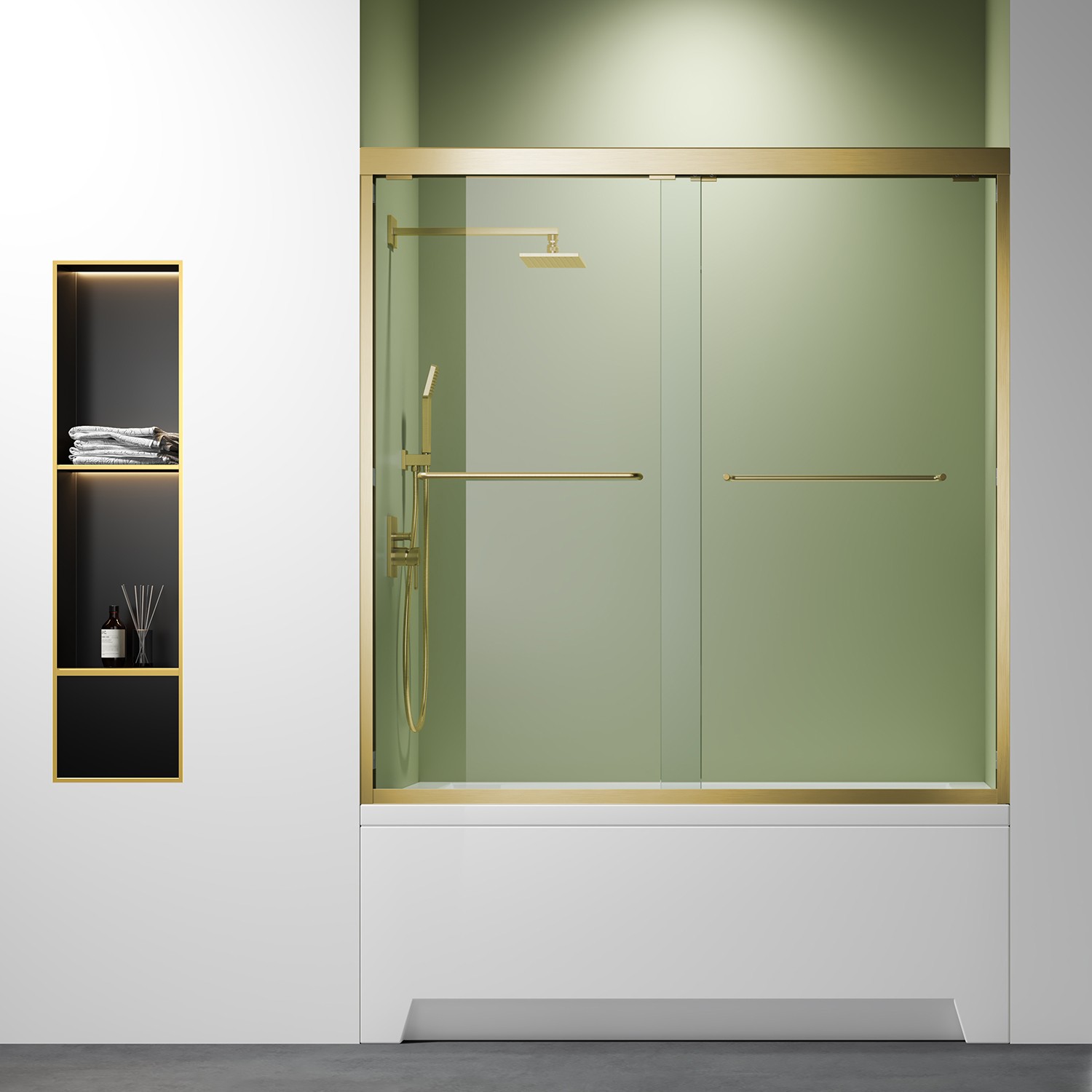 56-60 x 57 Inch Clear Glass Bathtub Door with Brushed Gold Frame  