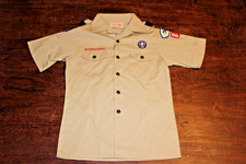 Boy Scouts of America BSA Youth Shirt Tan Large Sewn Patches Short Sleeve