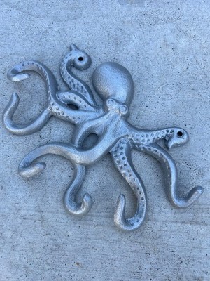 Cast Iron Swimming Octopus Wall Hook Towel Key Holder ''SILVER'' Entry Door Hanger