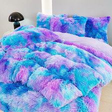 Fluffy Blue Purple Twin Bedding Set - 3Pcs Faux Fur Duvet Cover for Girls