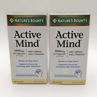 TWO Nature's Bounty Active Mind Cognizin L-Theanine Caffeine Caplets 1000mg 60ct