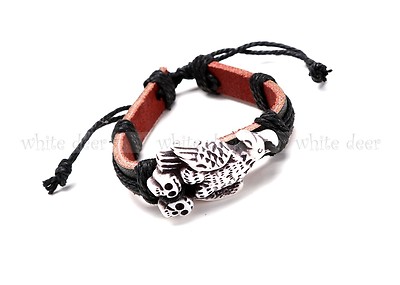 Resin Wood Bracelets Band Carving Leather White Sky Wild Eagle Hawk Skull 