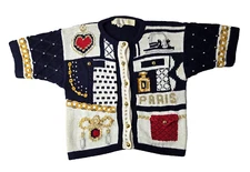 Eagles Eye Vintage Paris Themed Hand Knit Cardigan Sweater Womens Large L RARE