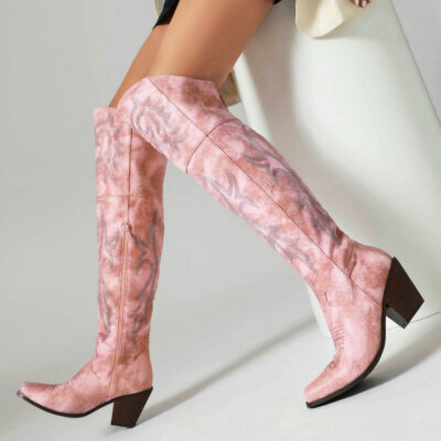 Women's Western Cowboy Square Toe High Heels Embroidered Over Knee