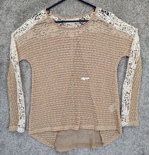 Women's S Sheer Lace Blouse Boho Long Sleeve Cream & White Knit Shirt Breathable - Picture 9 of 9