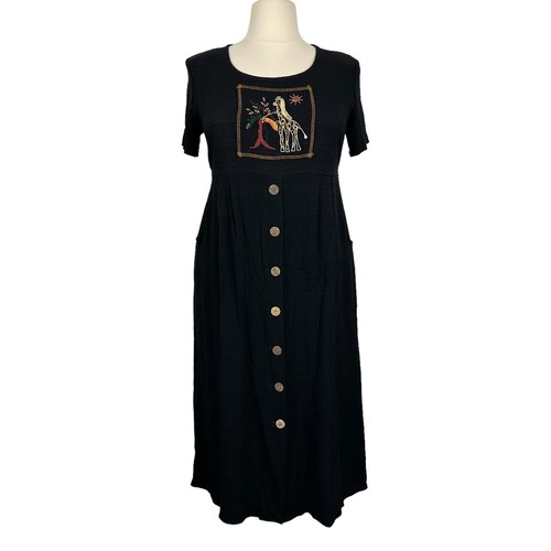 Vintage 90s K Studio Midi Dress Size 14 Black Crepe Embroidered Safari Giraffe