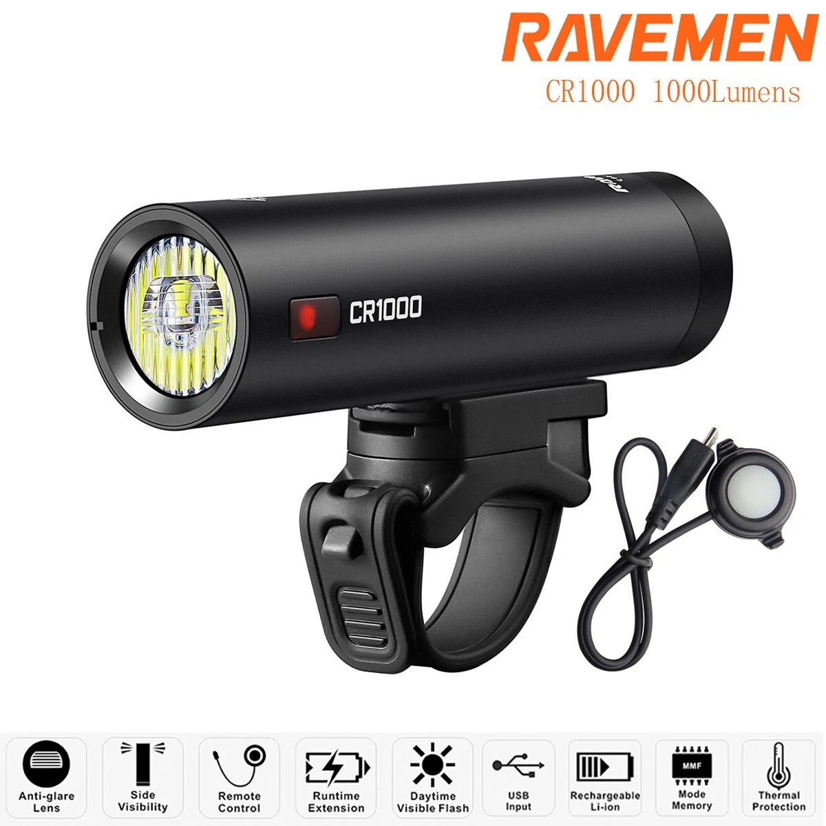RAVEMEN Front Bike Light Bicycle Head Lights CR1000 Rechargeable 4000mAh Battery