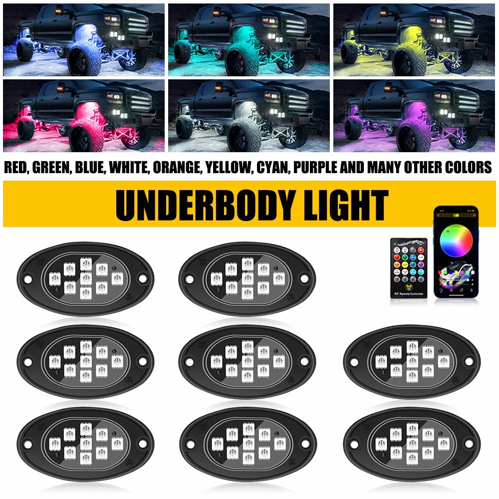 8 Pods RGB LED Rock Lights Kit Underbody Neon Light Bluetooth App Remote Control