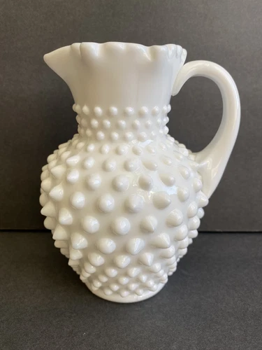 Fenton Hobnail Milk Glass Pitcher Vase Raffled Top 5,5” H ~MINT~
