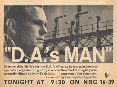 1959 TV AD / D.A.'s MAN starring JOHN COMPTON / NEW YORK FREIGHT YARDS