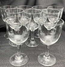 Set/9 MCM C.G. Quartex Crystal Gray Cut Star Dust 3oz Wine Glass 4 1/4" Goblets