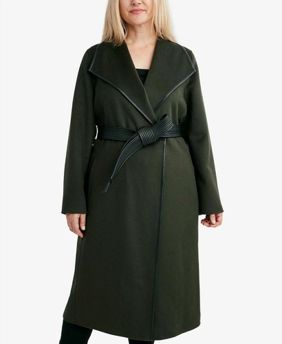 Faux-Leather Belted Coat 1X Olive Green 