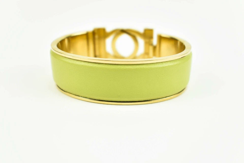 FERRAGAMO:金色金属和绿色皮革双“Gancini”标志手镯/手链 — 第 3/4 张图片