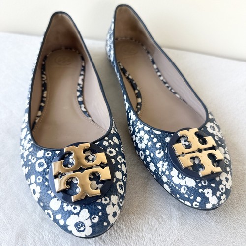Tory Burch Claire Ballet Flat Tumbled Leather Women's Sz 9.5 Navy Ivory Floral