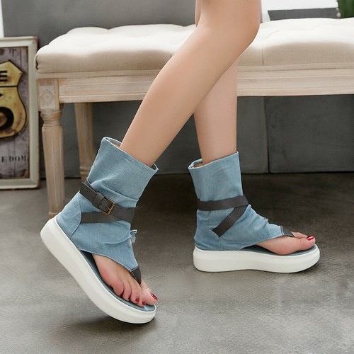 Women Flat Denim Casual Comfort High Top Sandals Clip Toe Ankle Boots Summer - Picture 8 of 15