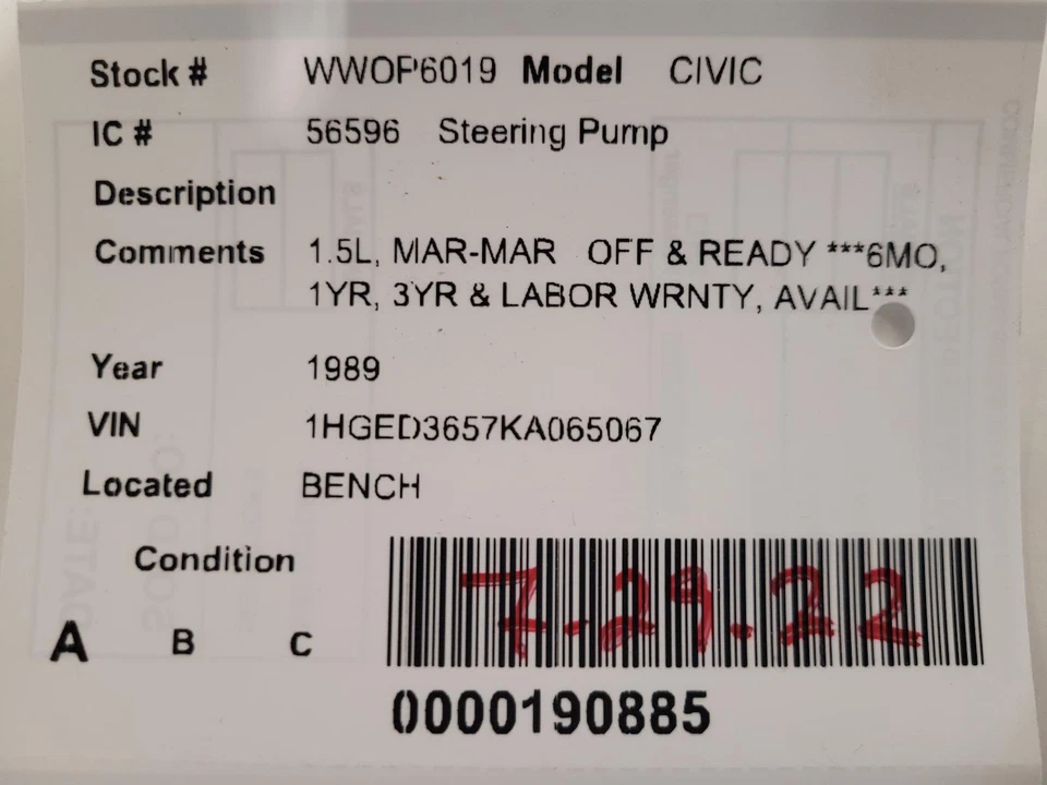 Bomba de dirección asistida usada se adapta a: Honda Civic 1989 grado A Foto 3 de 4