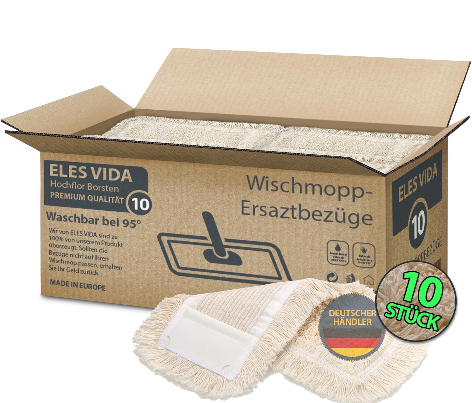 ELES VIDA Set di 10 Ricambi per Mocio Premium in Cotone per Mocio da 40 (G2w)