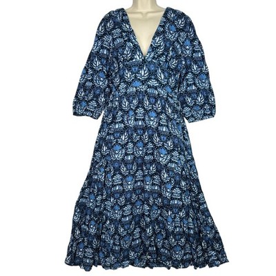 Caroline Constas Dahlia Navy Print Dress Smocked Boho Maxi Tiered L Pockets NWT