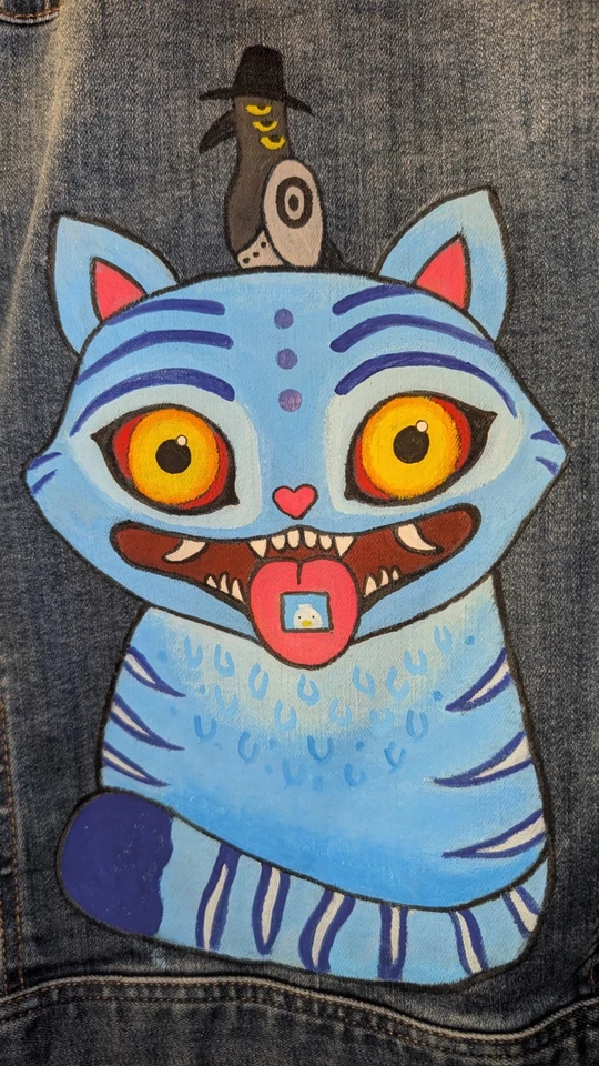 Hand-painted Derpy Tiger and Bird KPOP on Celebrity Pink Jean Jacket Women's M - Image 3 of 4