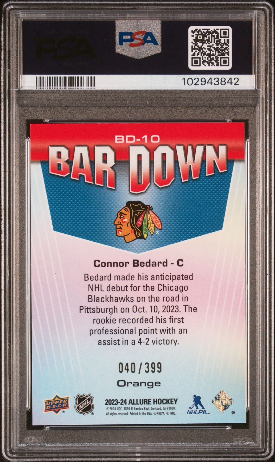 2023 UD ALLURE BAR DOWN ORANGE #BD10 CONNOR BEDARD 40/399 PSA 9 view 3