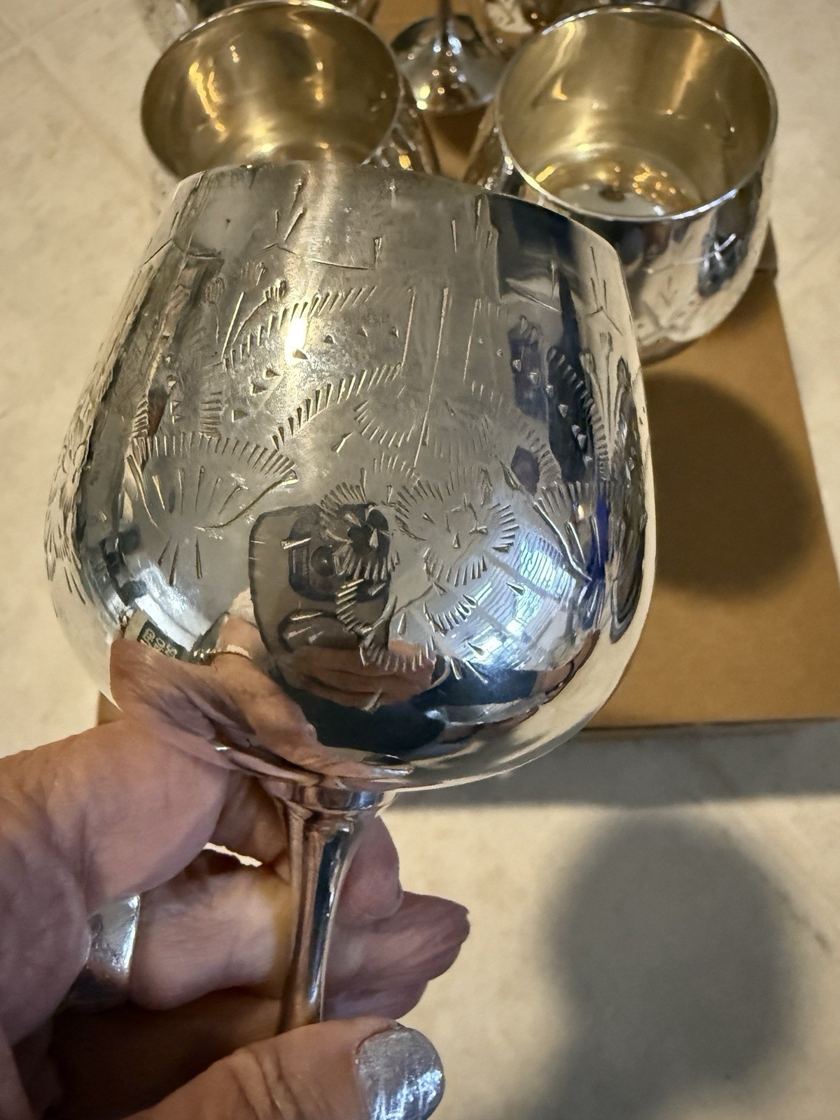 Israel Vintage Wine Goblets Set Of 6 Edged Silverplate Marked 925 6” Tall